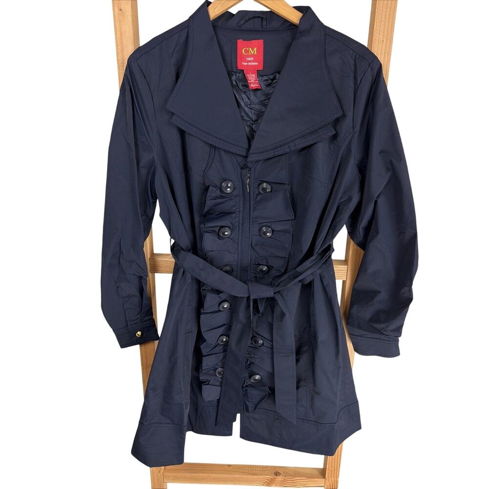NWT CM 1969 Ciao Milano Navy Blue Belted Ruffle Raincoat Size Large
